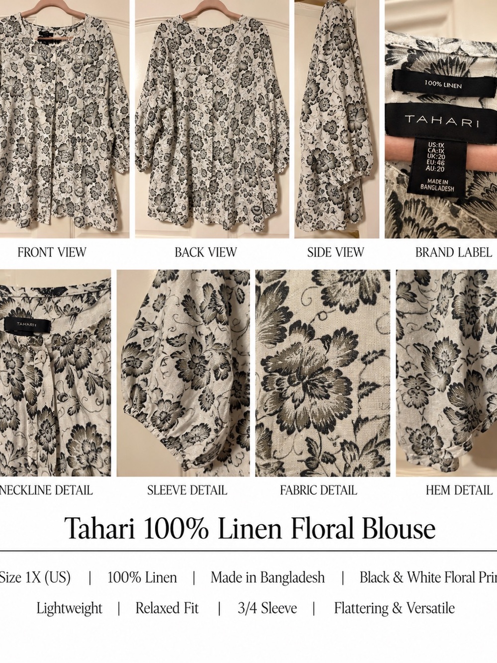Tahari Black and White Floral Linen Tunic Blouse
